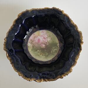 Vintage R.C. Alice Bavaria Cobalt Blue Floral Bowl Gold Gilt